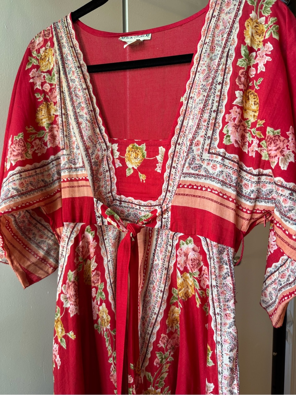 Blue Plate Boho Handkerchief Dress (Fits like Small) Red Floral Cotton